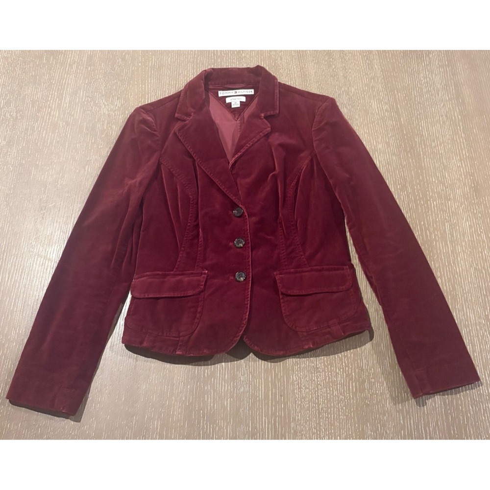 Tommy Hilfiger Velvet Blazer Womens Medium Burgundy Stretch Fitted Jacket EUC